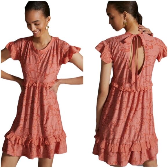 NWT Anthropologie Floral Textured Ruffle Knit Lined Mini Dress Pink Rose sz XXS - Picture 1 of 9